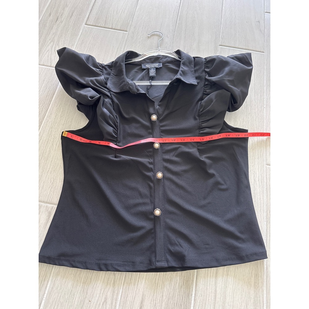 Pearl Button Black Ruffle Puff sleeve Blouse - Picture 10 of 14